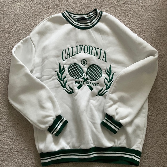 Oversized Tennis Racket and Letter Embroidery Green & White Striped Sweatshirt - Picture 1 of 3